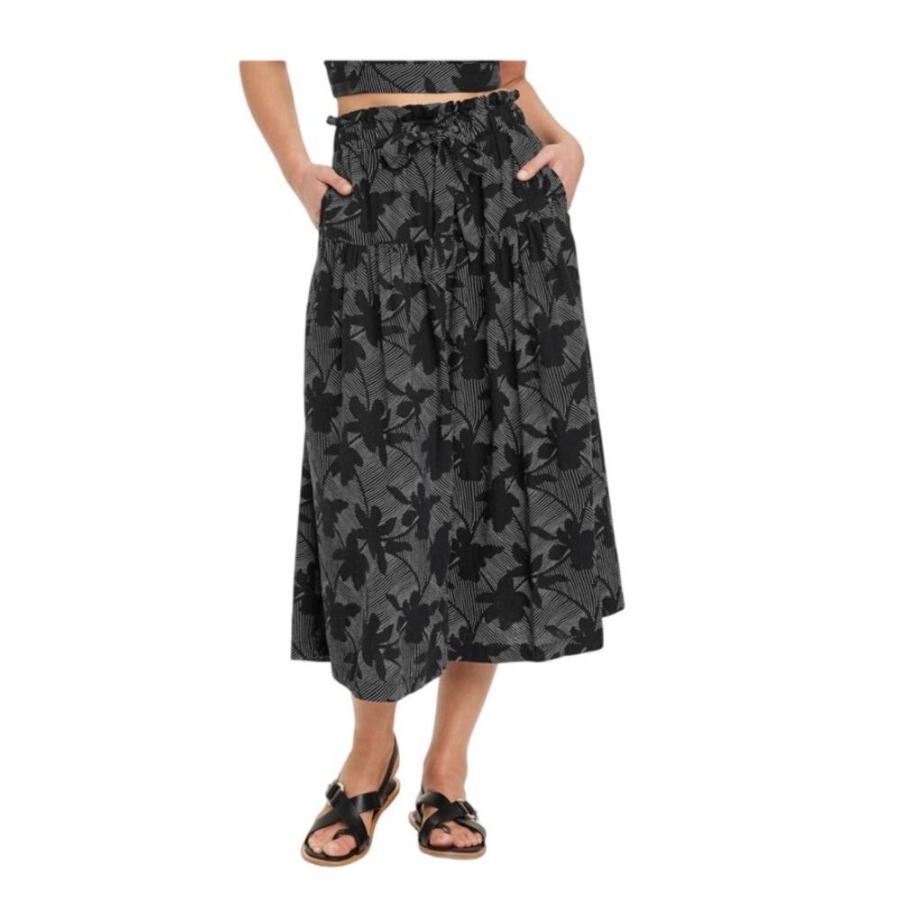 Universal Thread Linen Midi Skirt Button Front Pockets Flowy Black/Gray Size L
